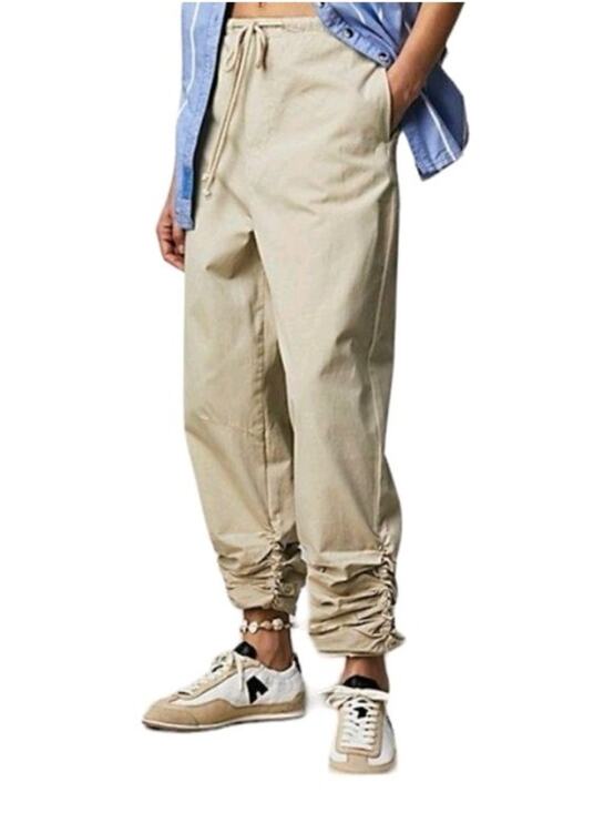 Free People Pants - Free People Drawstring Parachute Ruched Shirred Hem Tan Khaki Pants Size Small